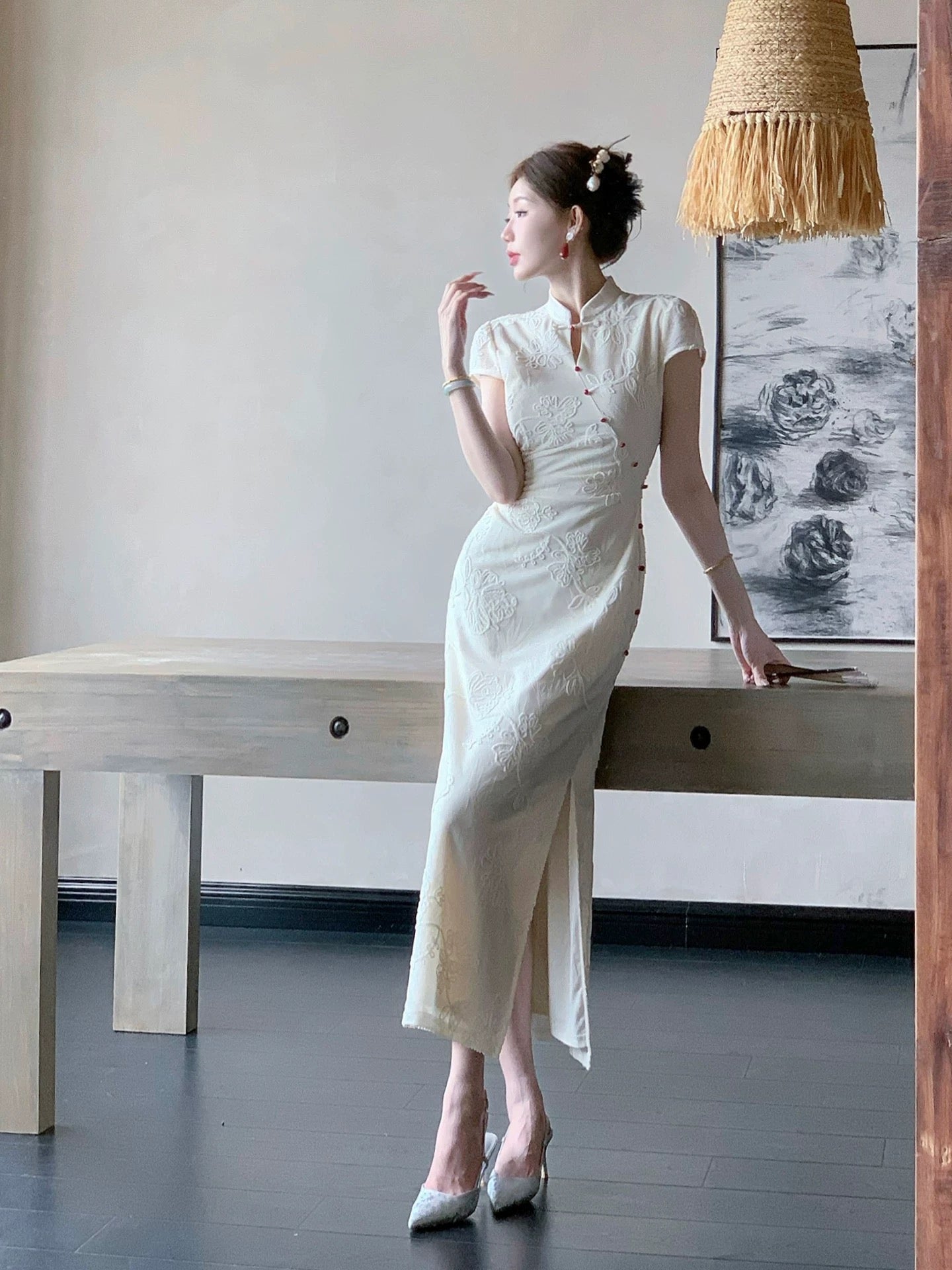 恣禾云霄 新中式改良旗袍提花白色连衣裙 Cloudy Modern Chinese Jacquard Qipao White Dress