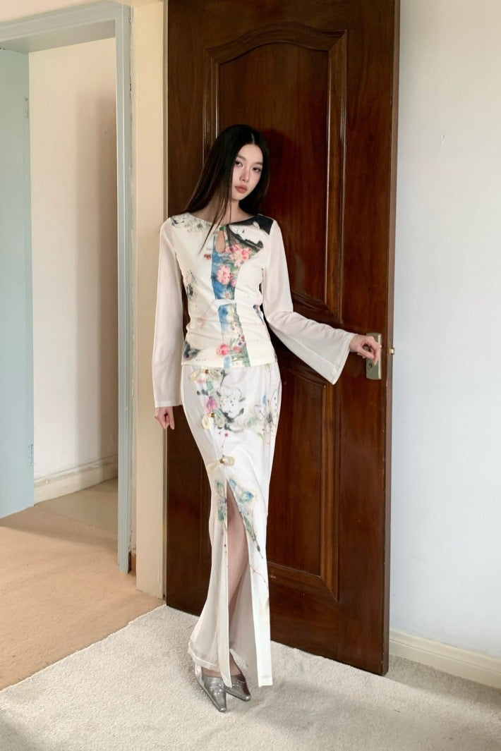 自我审美 复古网纱印花水滴旗袍套装 Self Aesthetic Vintage Mesh Print Teardrop Qipao Set