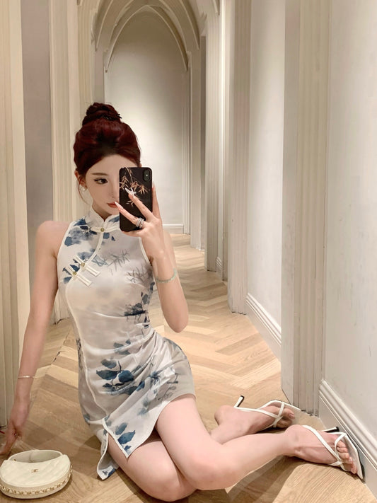 锦鲤气质 新款气质印花修身短款旗袍 Koi Grace New Slim-Fit Printed Mini Qipao