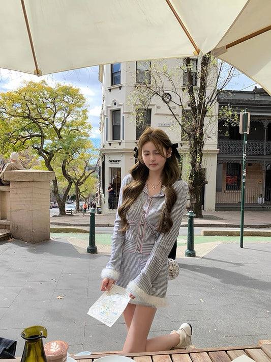 蓝花楹 宽松拼接纱线毛感针织上衣+半裙套装 Jacaranda Loose-Fit Fuzzy Knit Top and Skirt Set