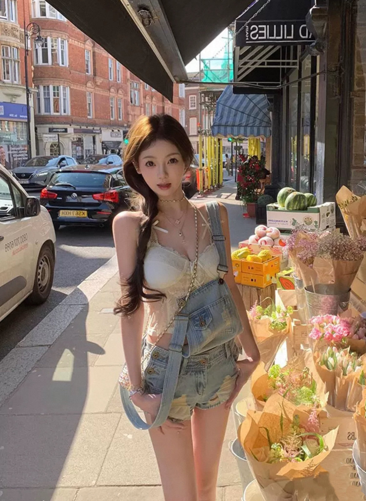 英区留学生 俏皮两色牛仔背带短裤套装 UK-Based Student Playful Two-Tone Denim Overall Shorts Set