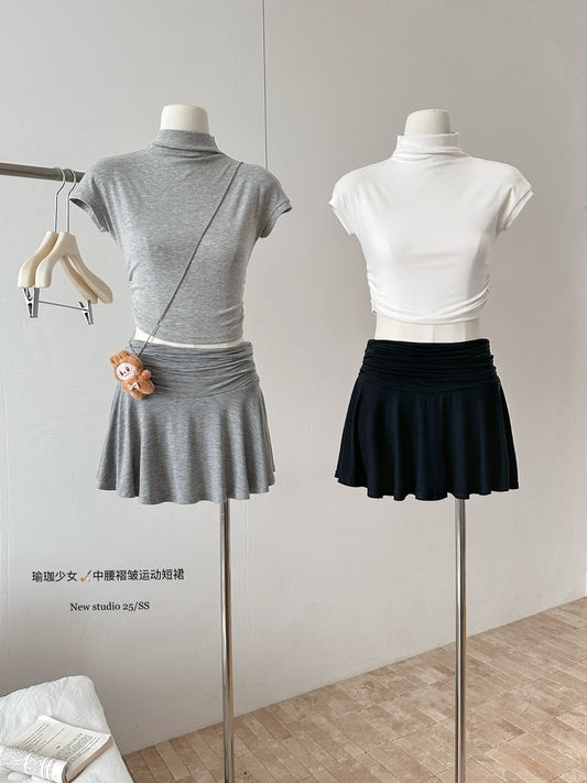 瑜珈少女 中腰褶皱运动百搭A字半裙 Yoga Girl Mid-Rise Ruched Versatile A-Line Sports Skirt