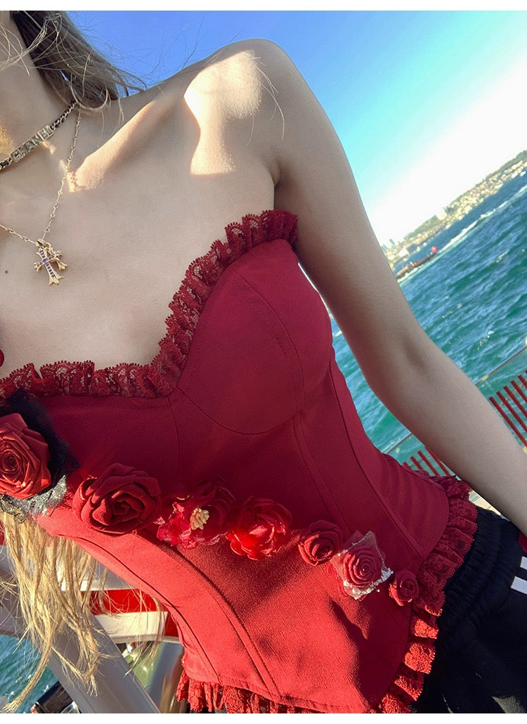 私藏Rose 重工蕾丝鱼骨带胸垫上衣 Secret Rose Premium Lace Boned Top with Built-in Padding