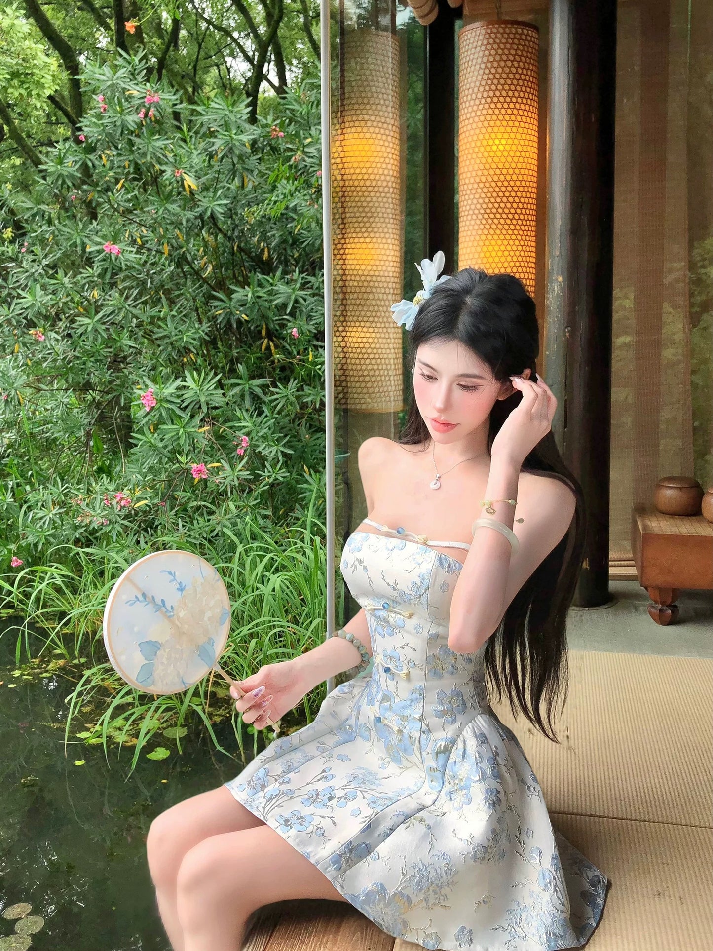 上海玉裳 新中式印花抹胸吊带连衣裙 Shanghai Yushang New Chinese Style Floral Print Strapless Camisole Dress