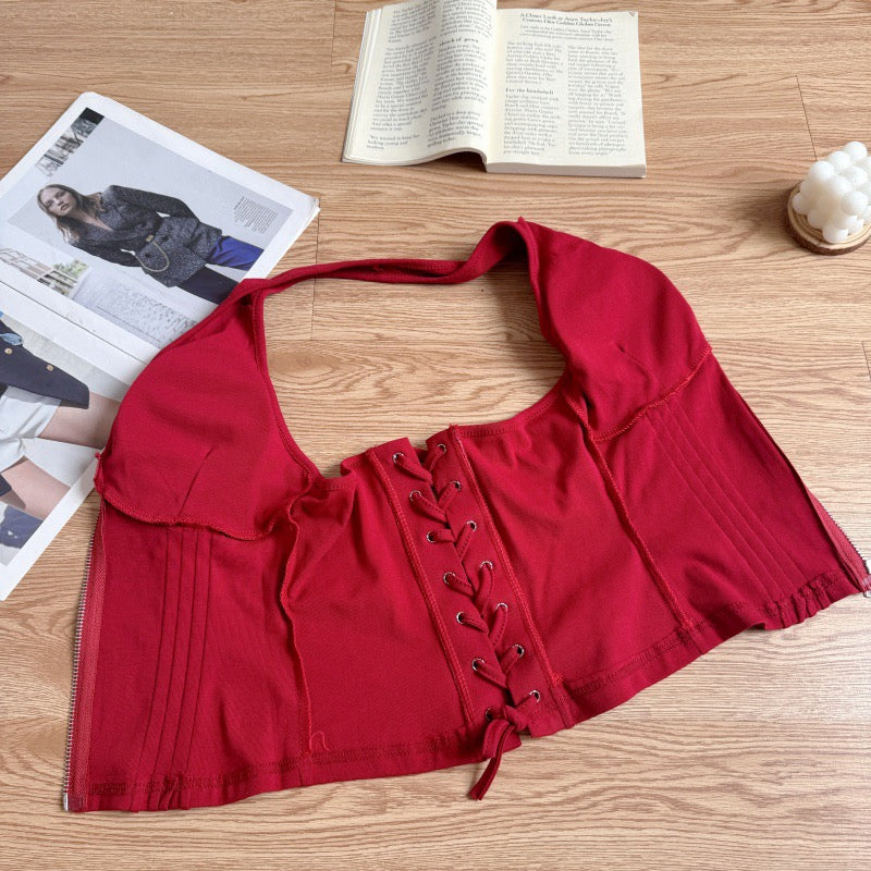 LikeJennie V领挂脖鱼骨带胸垫上衣 LikeJennie V-neck Halter Top with Boning and Built-in Padding