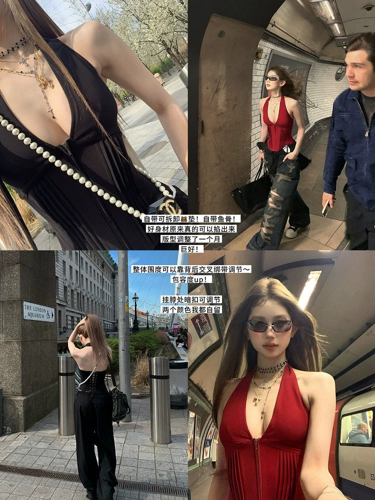 LikeJennie V领挂脖鱼骨带胸垫上衣 LikeJennie V-neck Halter Top with Boning and Built-in Padding