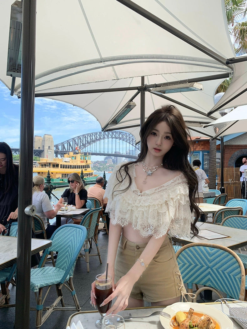 普罗旺斯夏日 甜美双色蕾丝叠加性感上衣 Provence Summer Sweet Two-Tone Lace Layered Sexy Top