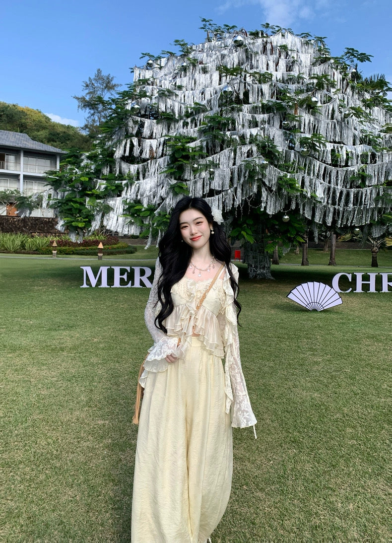 落花惊雨 绣花流苏多层纱上衣+阔腿套装 Falling Blossoms – Embroidered Tassel Multi-layer Tulle Top + Wide-leg Pants Set