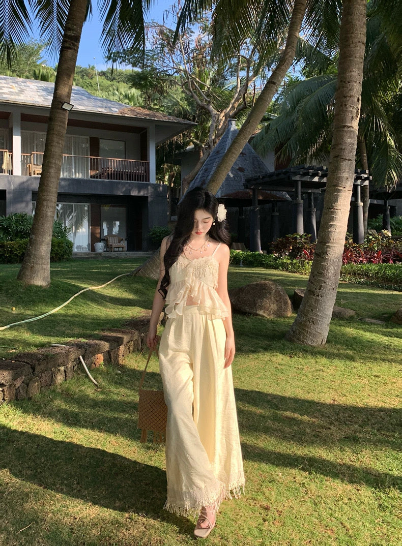落花惊雨 绣花流苏多层纱上衣+阔腿套装 Falling Blossoms – Embroidered Tassel Multi-layer Tulle Top + Wide-leg Pants Set