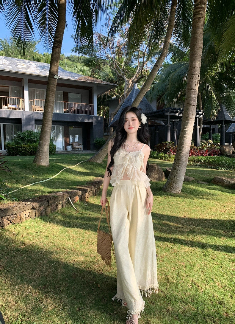 落花惊雨 绣花流苏多层纱上衣+阔腿套装 Falling Blossoms – Embroidered Tassel Multi-layer Tulle Top + Wide-leg Pants Set