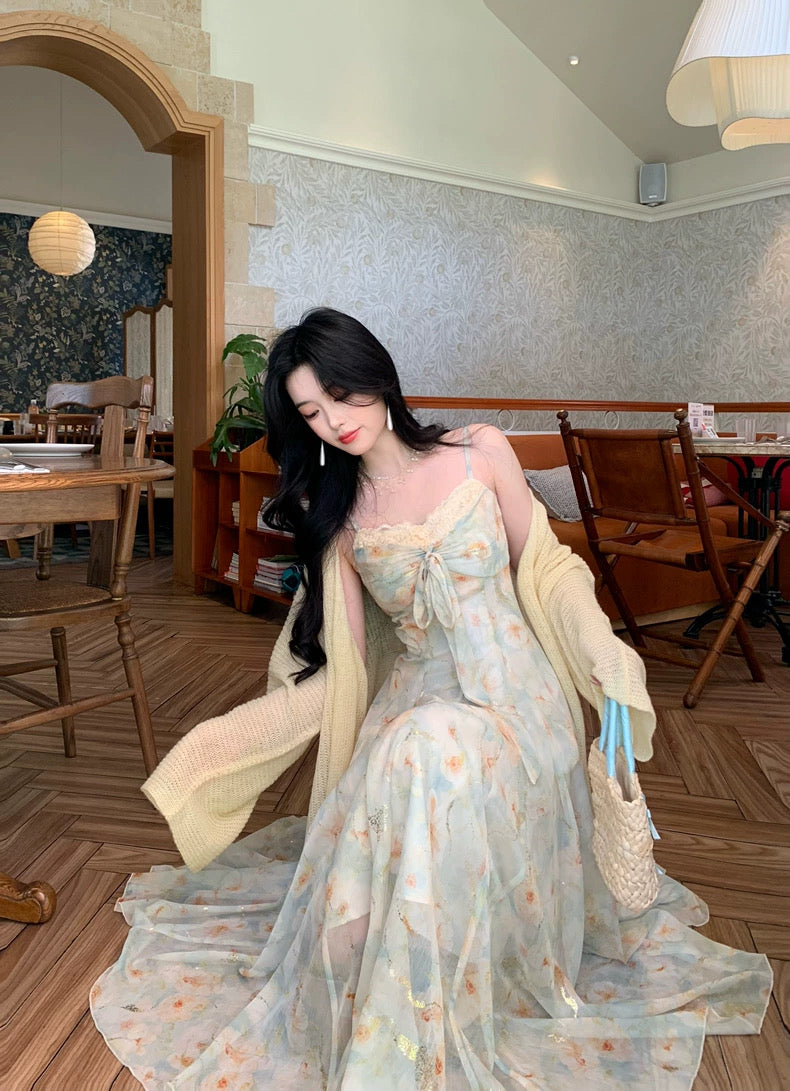 涟心蕊 碎花烫金蝴蝶结吊带连衣裙 Lianxinrui – Floral Foil-Print Bowknot Camisole Dress