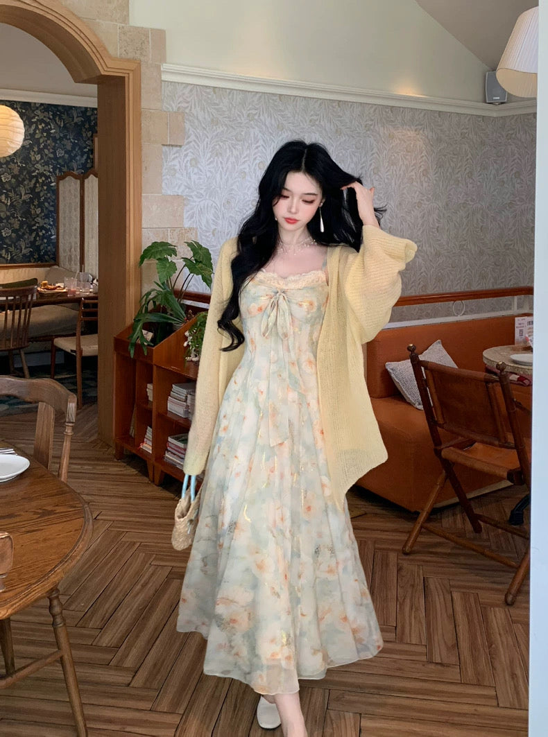涟心蕊 碎花烫金蝴蝶结吊带连衣裙 Lianxinrui – Floral Foil-Print Bowknot Camisole Dress