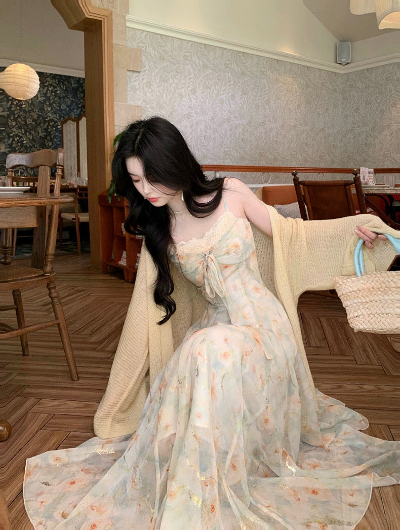 涟心蕊 碎花烫金蝴蝶结吊带连衣裙 Lianxinrui – Floral Foil-Print Bowknot Camisole Dress