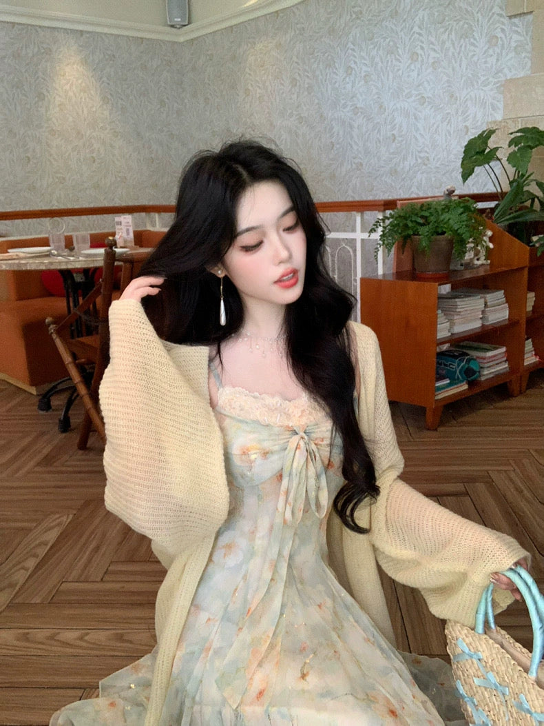 涟心蕊 碎花烫金蝴蝶结吊带连衣裙 Lianxinrui – Floral Foil-Print Bowknot Camisole Dress