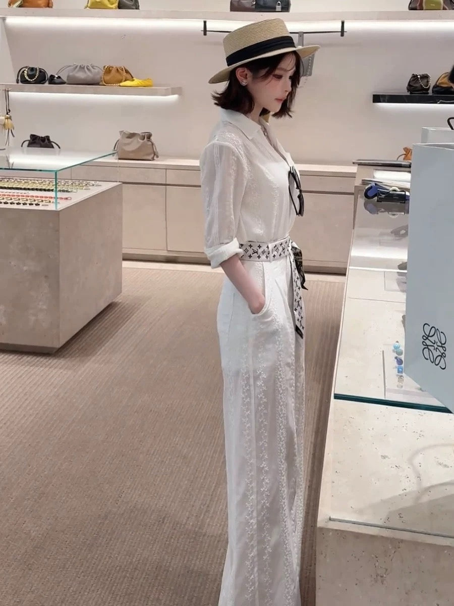 锦鲤花郁 蕾丝微透衬衫阔腿裤套装 Koi Blossom Lace Sheer Shirt and Wide-Leg Pants Set