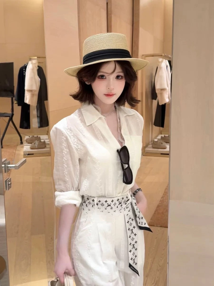 锦鲤花郁 蕾丝微透衬衫阔腿裤套装 Koi Blossom Lace Sheer Shirt and Wide-Leg Pants Set