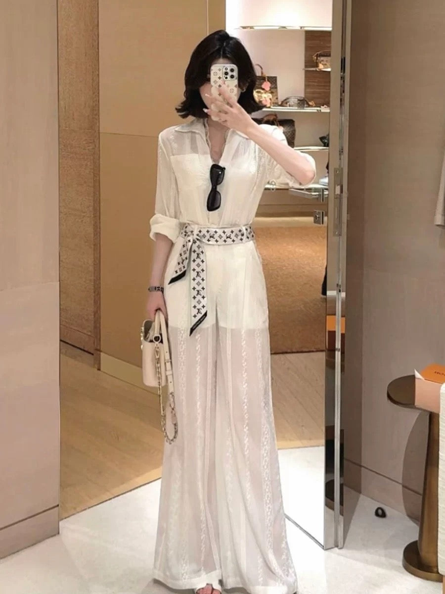 锦鲤花郁 蕾丝微透衬衫阔腿裤套装 Koi Blossom Lace Sheer Shirt and Wide-Leg Pants Set