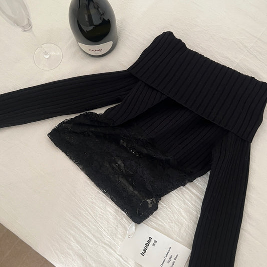 半雾弥香 蕾丝拼接性感一字肩针织衫上衣 Hazy Charm Lace-Panel Off-Shoulder Knit Top