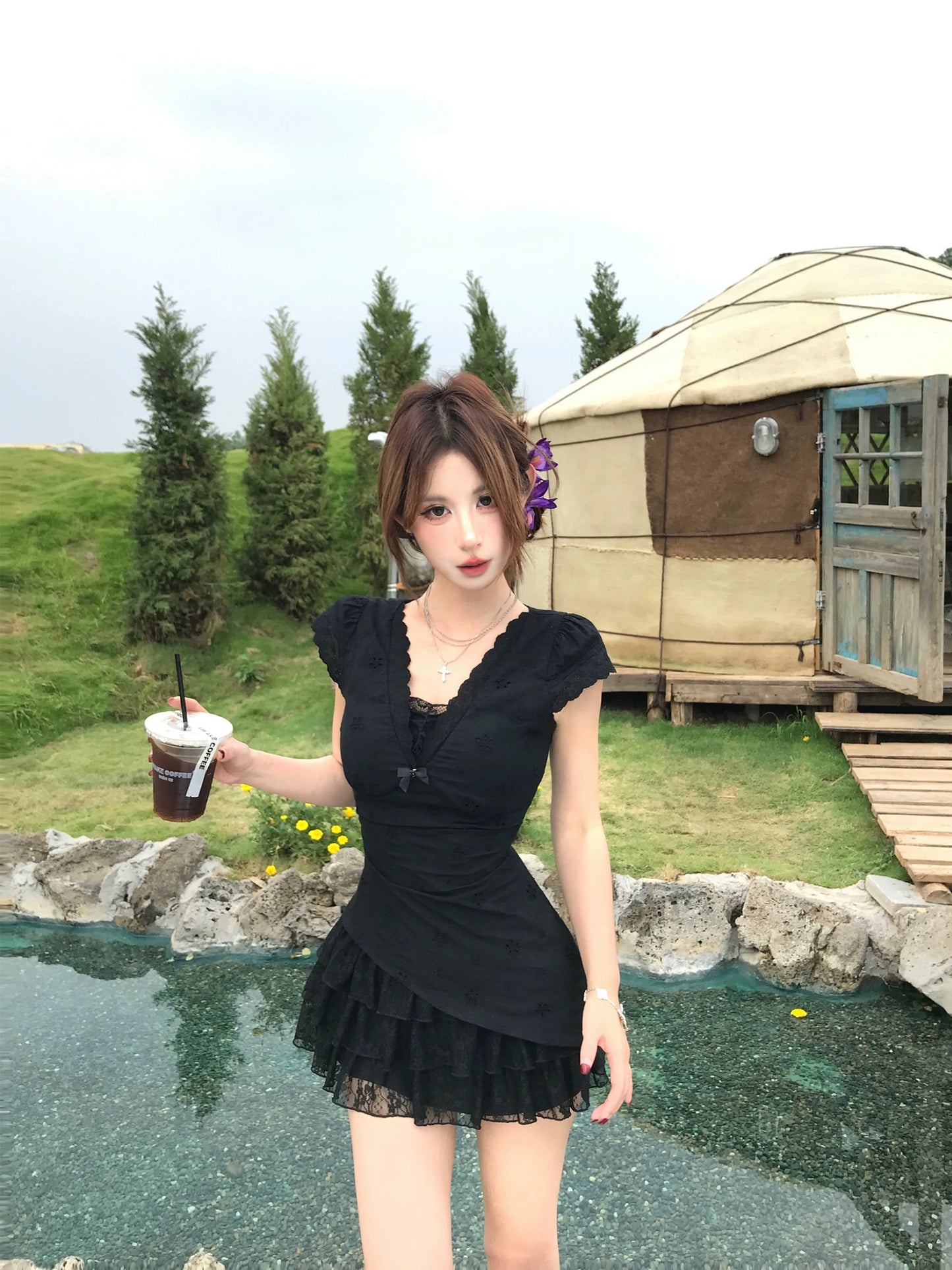 蕾丝泡沫 假两件蕾丝纯欲连衣裙 Lace Bubble Faux Two-Piece Pure Desire Lace Dress