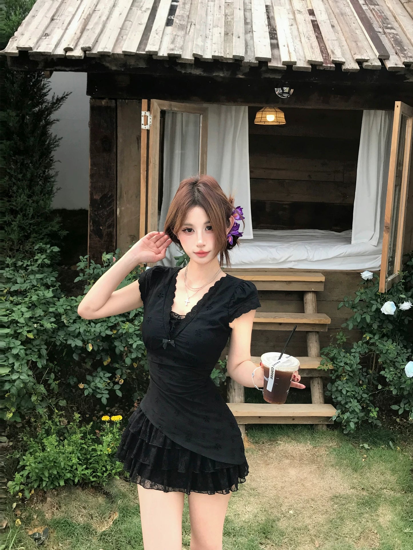 蕾丝泡沫 假两件蕾丝纯欲连衣裙 Lace Bubble Faux Two-Piece Pure Desire Lace Dress