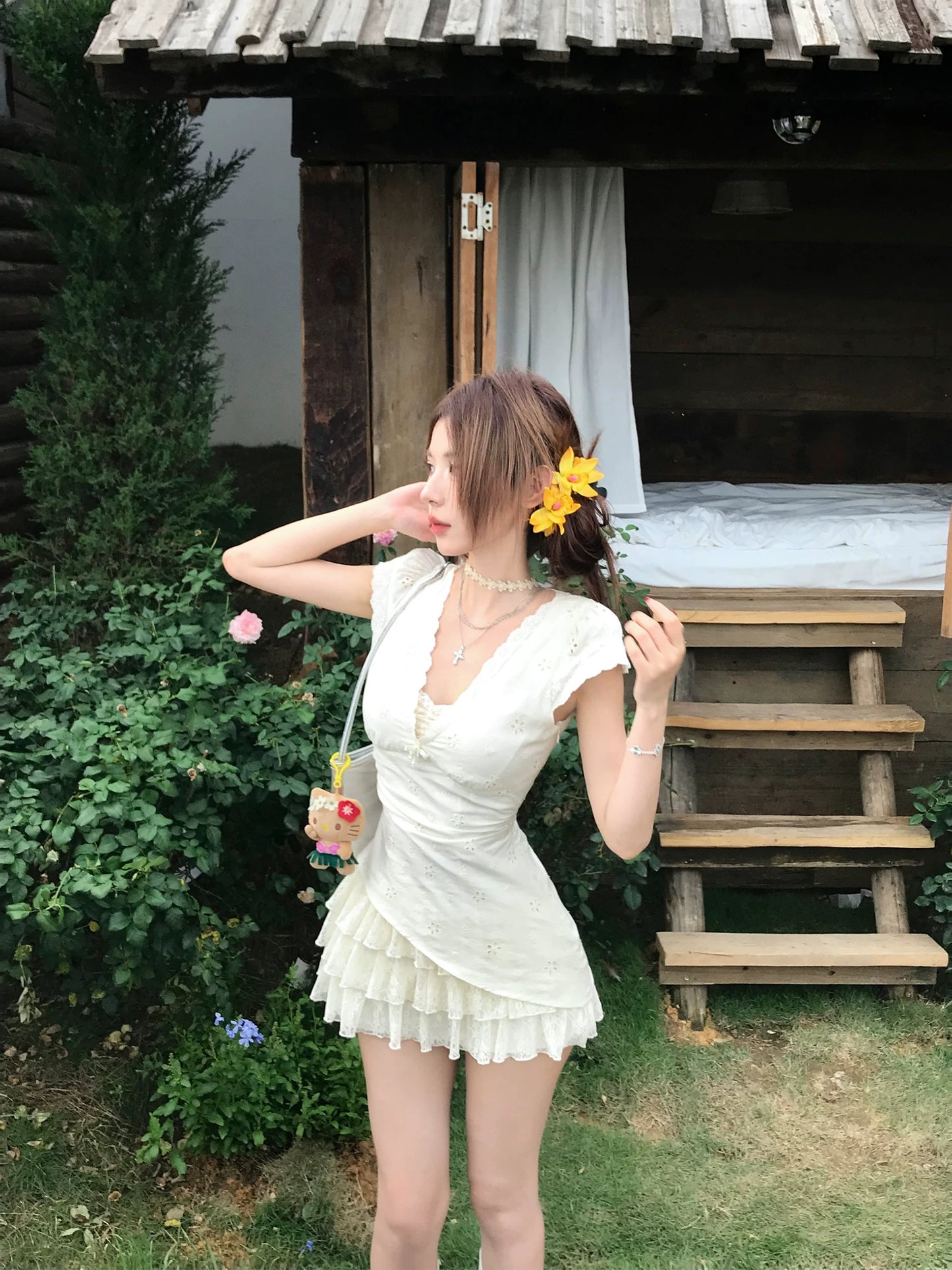 蕾丝泡沫 假两件蕾丝纯欲连衣裙 Lace Bubble Faux Two-Piece Pure Desire Lace Dress
