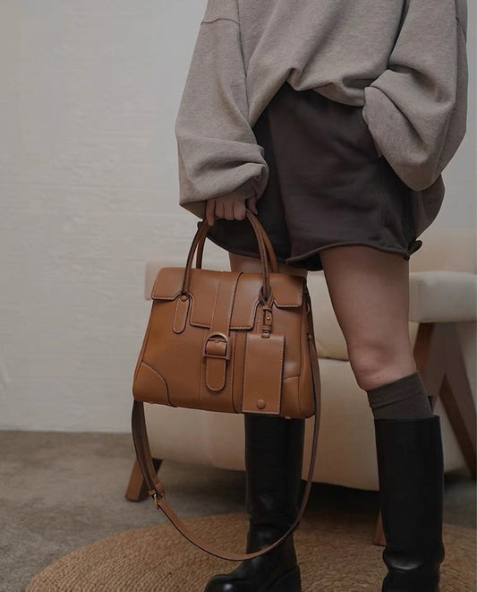 Aurex Top-Grain Leather Large-Capacity Briefcase with Horseshoe Buckle