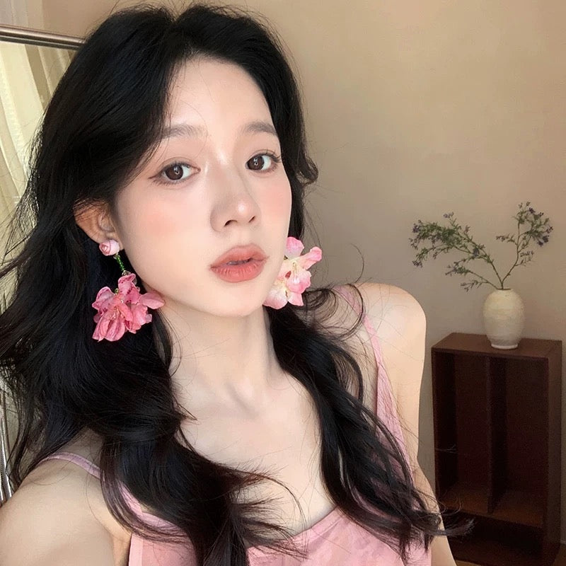 度假风粉色甜美夸张花朵耳环 Pink Sweet Design Floral Earrings – Vacation Style