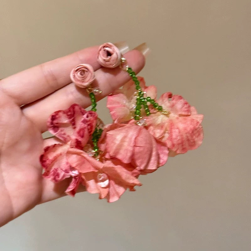 度假风粉色甜美夸张花朵耳环 Pink Sweet Design Floral Earrings – Vacation Style