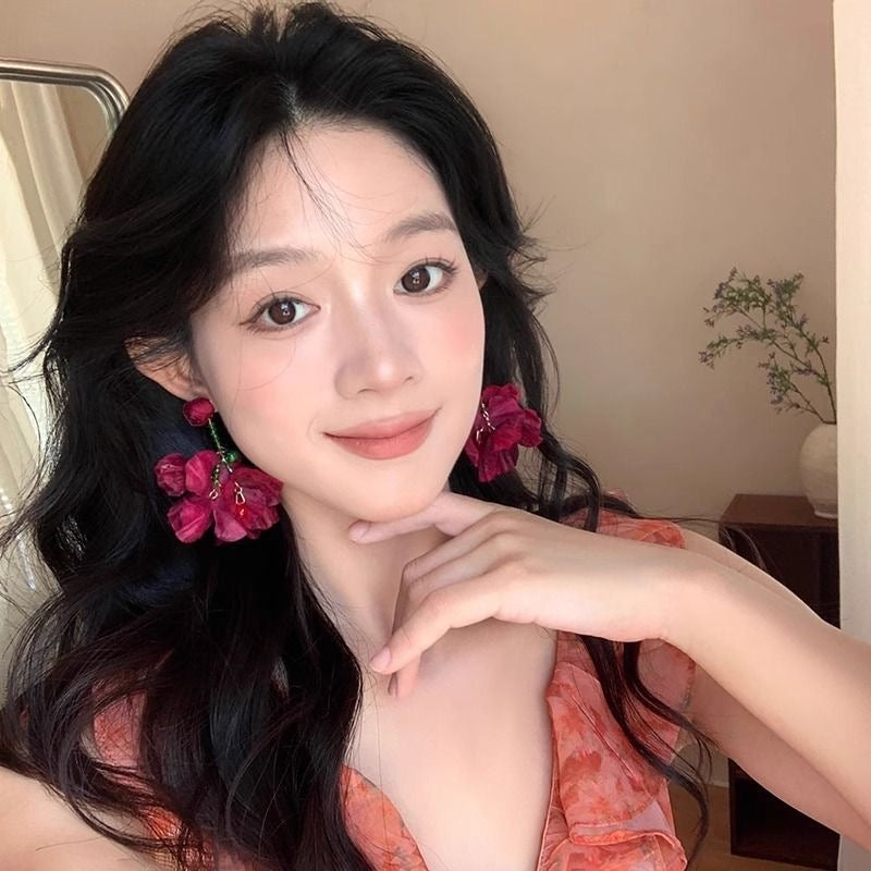 度假风粉色甜美夸张花朵耳环 Pink Sweet Design Floral Earrings – Vacation Style