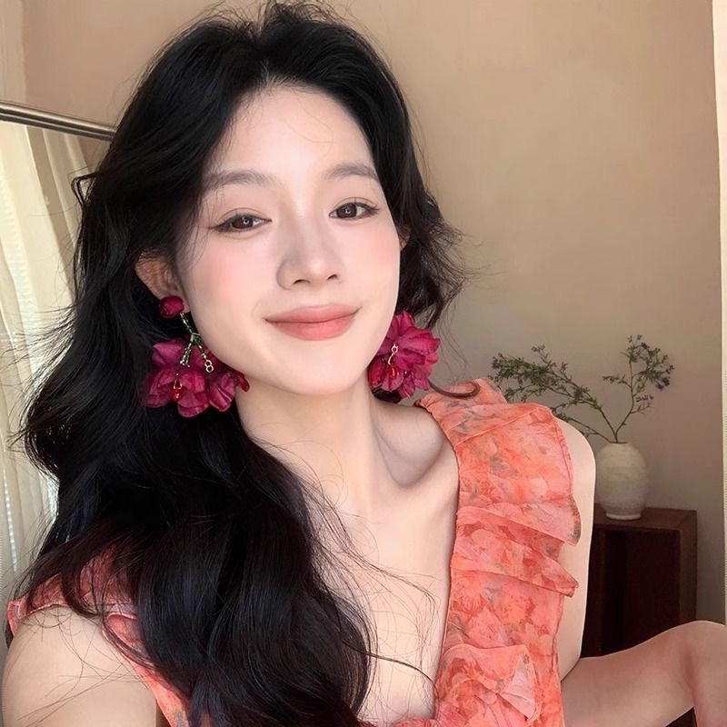 度假风粉色甜美夸张花朵耳环 Pink Sweet Design Floral Earrings – Vacation Style