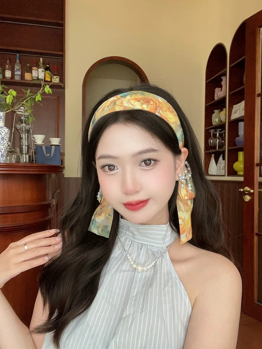 川岛日落 复古森系油画感飘带发箍 Kawashima Sunset Vintage Forest-Style Oil Painting-Inspired Ribbon Headband