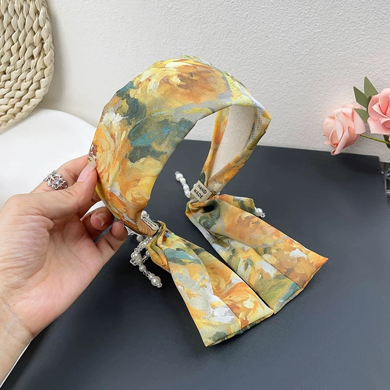川岛日落 复古森系油画感飘带发箍 Kawashima Sunset Vintage Forest-Style Oil Painting-Inspired Ribbon Headband