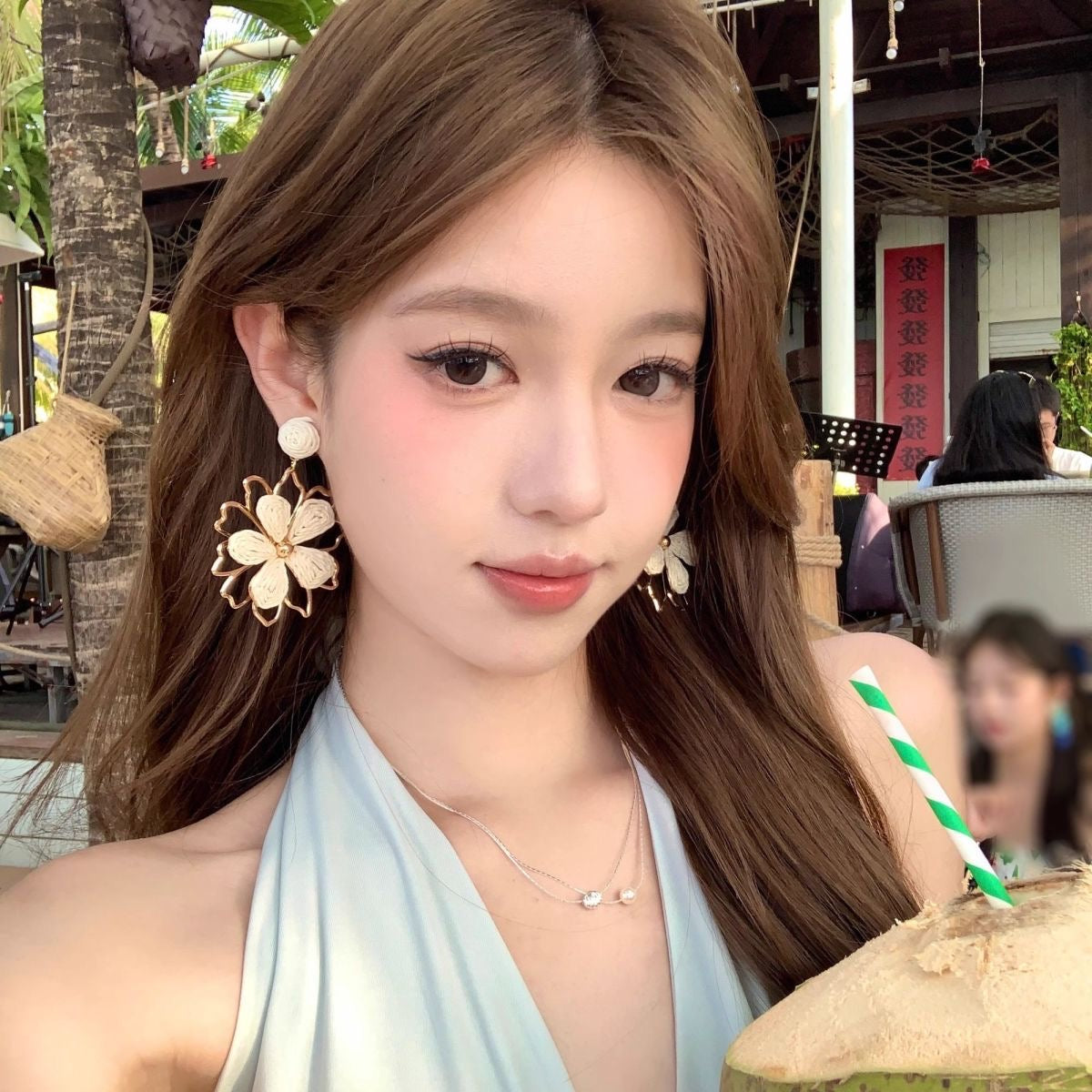 风吹岛屿 度假风编织太阳花朵耳环 Wind-Blown Island Vacation Style Woven Sunflower Earrings