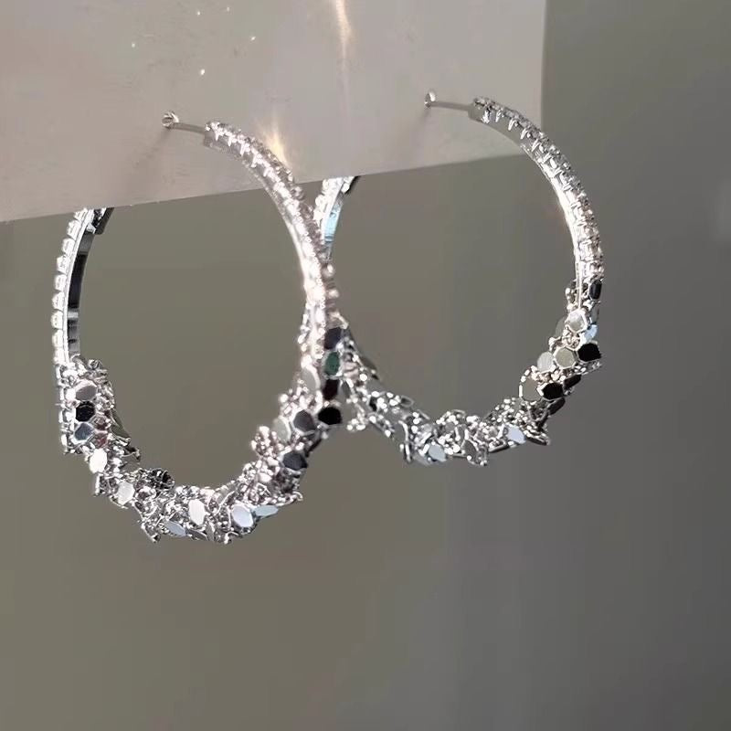 气质韩妹 银色闪钻大圈圈耳环 Elegant Korean Style Silver Sparkling Rhinestone Hoop Earrings