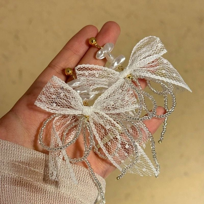 纯欲公主 流苏蝴蝶结巴洛克珍珠耳环 Innocent Glam Princess – Tassel Bow Baroque Pearl Earrings