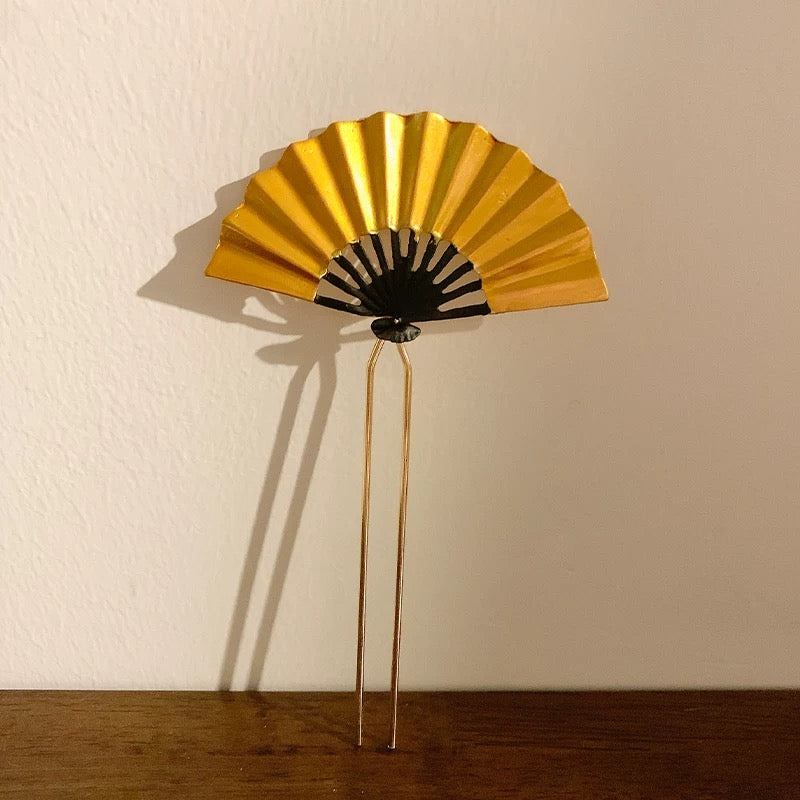 日落金盏 新中式金色扇子发簪/耳环套装 Sunset Golden Chalice – New Chinese Style Golden Fan Hairpin & Earring Set