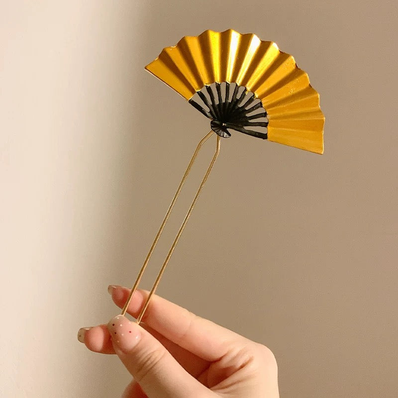 日落金盏 新中式金色扇子发簪/耳环套装 Sunset Golden Chalice – New Chinese Style Golden Fan Hairpin & Earring Set