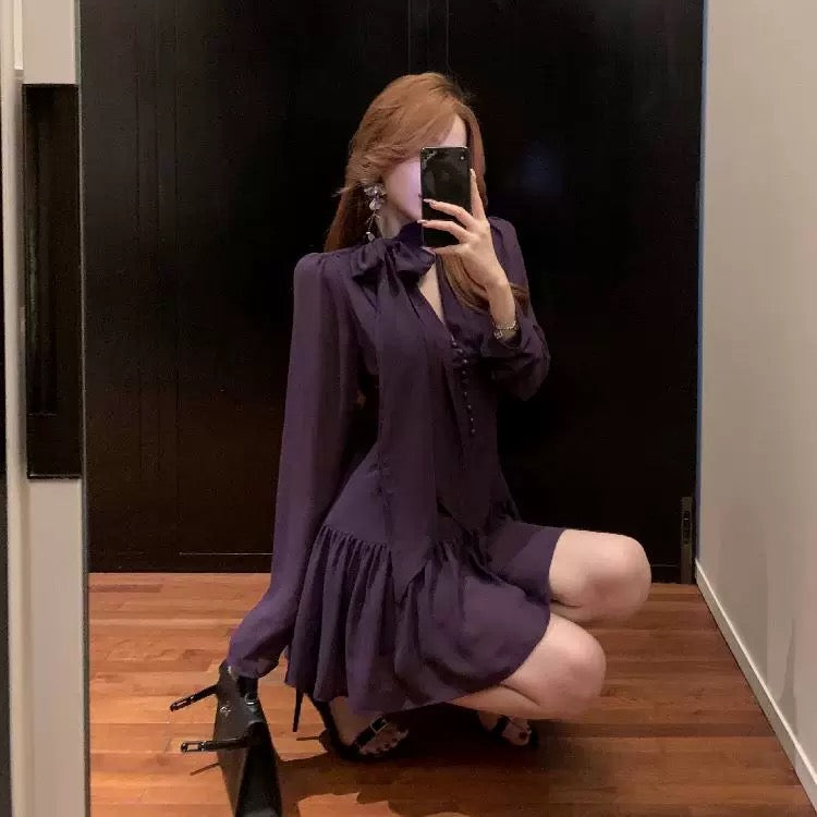 无法抗拒的紫 气质长袖短款连衣裙 Irresistible Purple Elegant Long-Sleeve Mini Dress