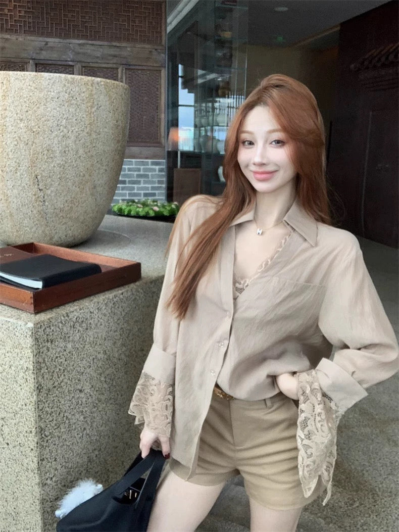 柔玉小姐 蕾丝拼接假两件衬衫上衣 Miss Rouyu Lace Patchwork Layered-Look Blouse
