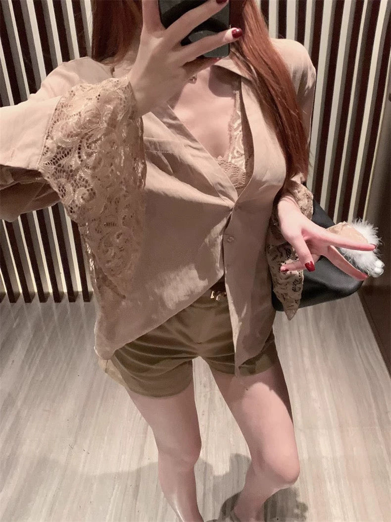 柔玉小姐 蕾丝拼接假两件衬衫上衣 Miss Rouyu Lace Patchwork Layered-Look Blouse