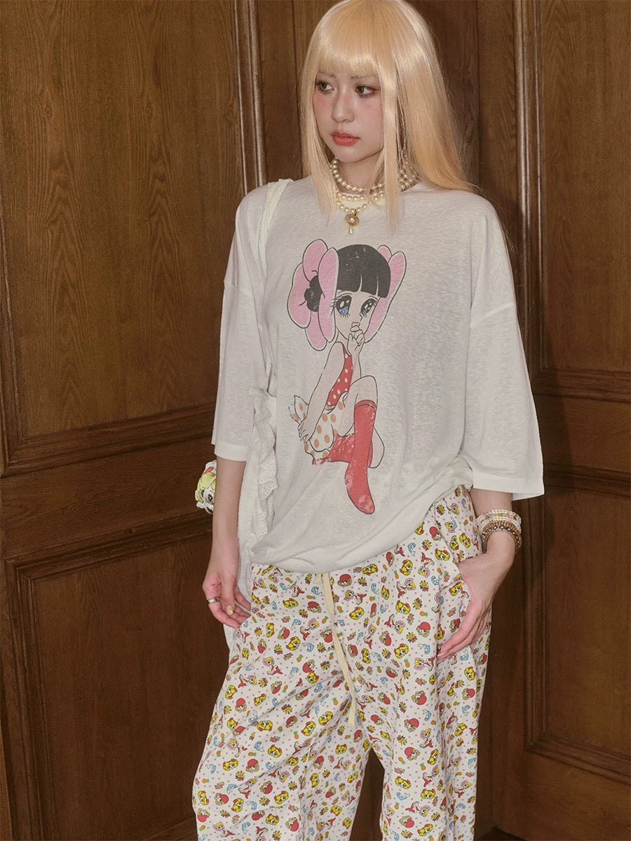 妞妞粉爱 雪花棉罩衫印花半袖t恤 Niuniu Love Snow Cotton Printed Overlay Half-Sleeve T-Shirt