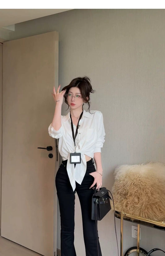 梵白衬衫 系绑长袖衬衫/短裙套装 Ivory White Shirt Tie-Up Long Sleeve Shirt / Skirt Set