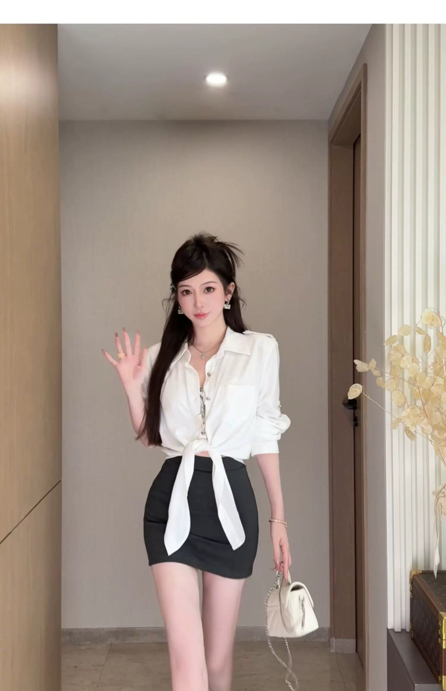 梵白衬衫 系绑长袖衬衫/短裙套装 Ivory White Shirt Tie-Up Long Sleeve Shirt / Skirt Set