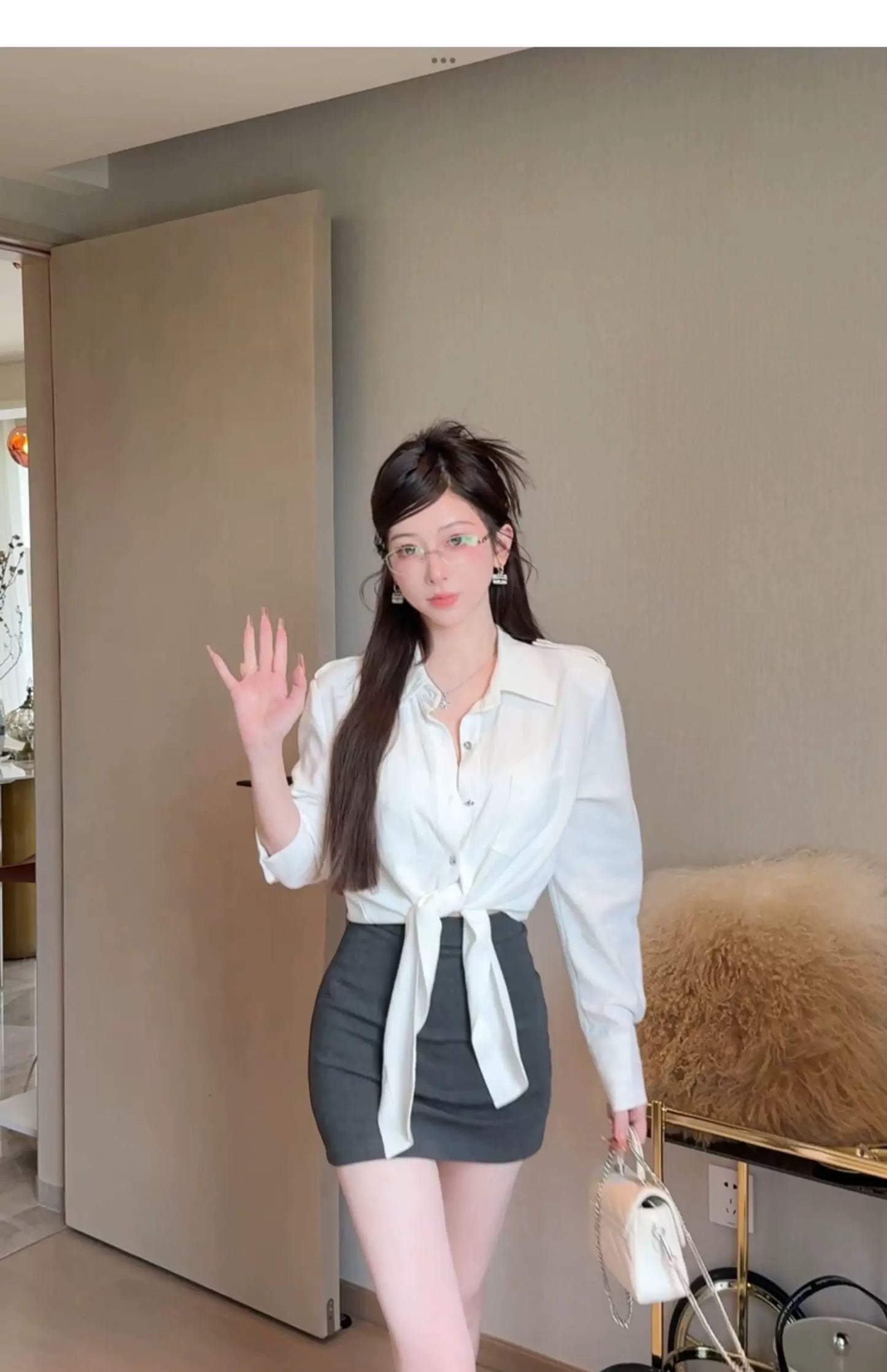 梵白衬衫 系绑长袖衬衫/短裙套装 Ivory White Shirt Tie-Up Long Sleeve Shirt / Skirt Set