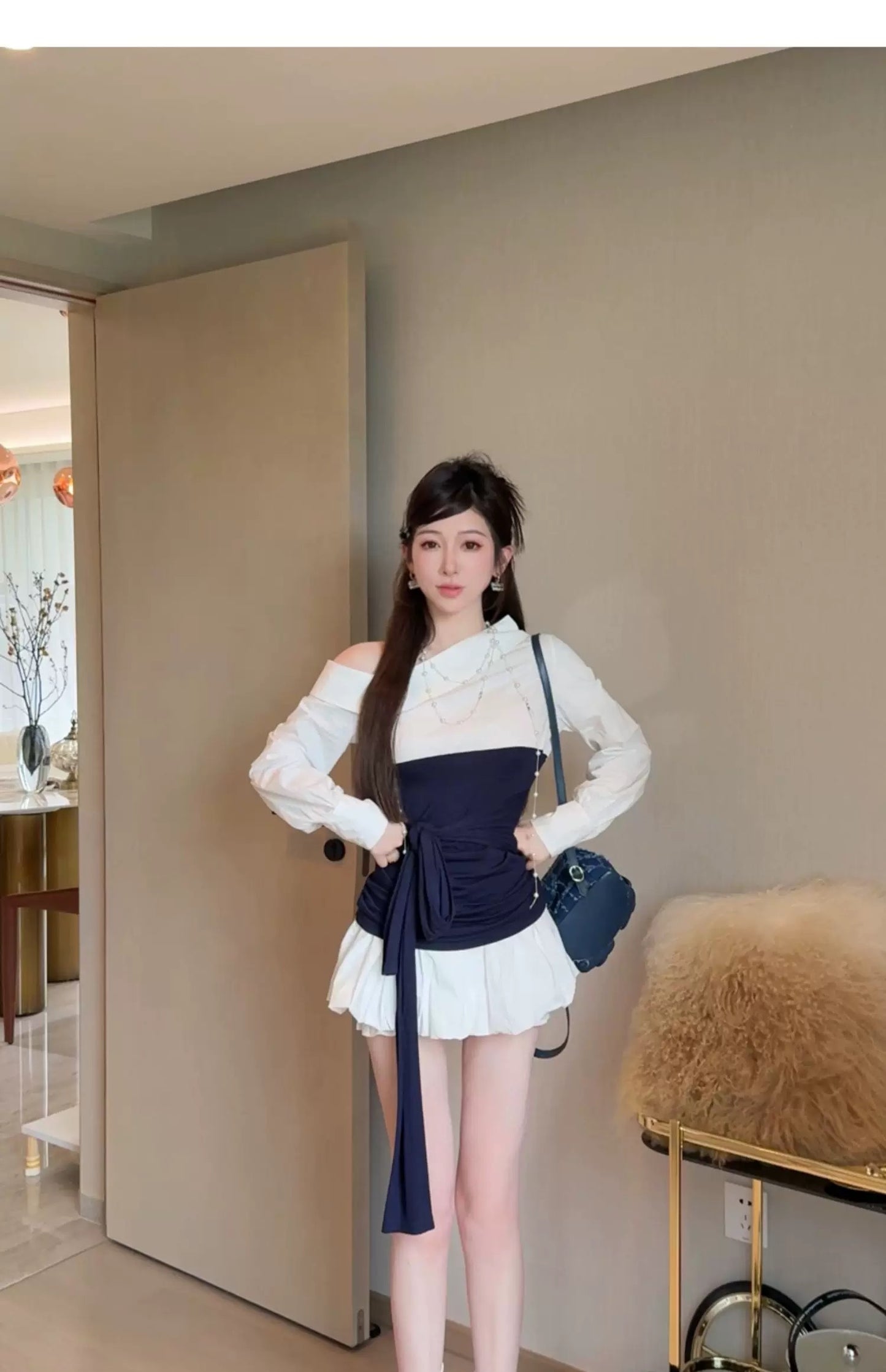 世京欧尼 韩系气质斜肩衬衫+半裙套装 Se-Kyung Unnie Korean-Style Off-Shoulder Shirt & Skirt Set