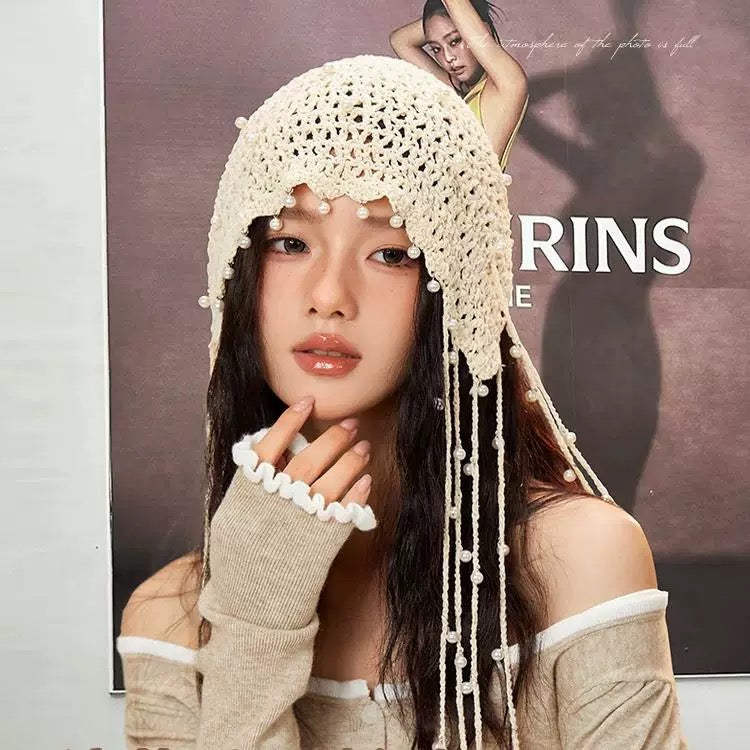 米亚的风 珍珠流苏手工钩花头饰帽子 Mia’s Breeze Handmade Crochet Floral Headpiece Hat with Pearl Tassels