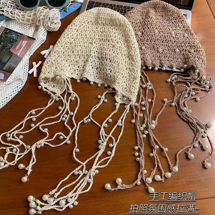 米亚的风 珍珠流苏手工钩花头饰帽子 Mia’s Breeze Handmade Crochet Floral Headpiece Hat with Pearl Tassels