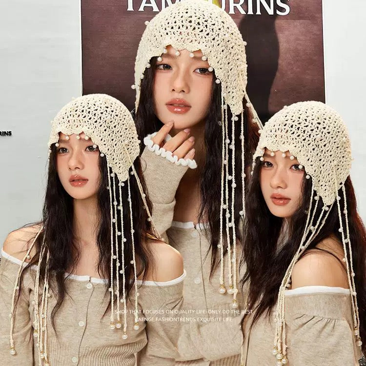 米亚的风 珍珠流苏手工钩花头饰帽子 Mia’s Breeze Handmade Crochet Floral Headpiece Hat with Pearl Tassels