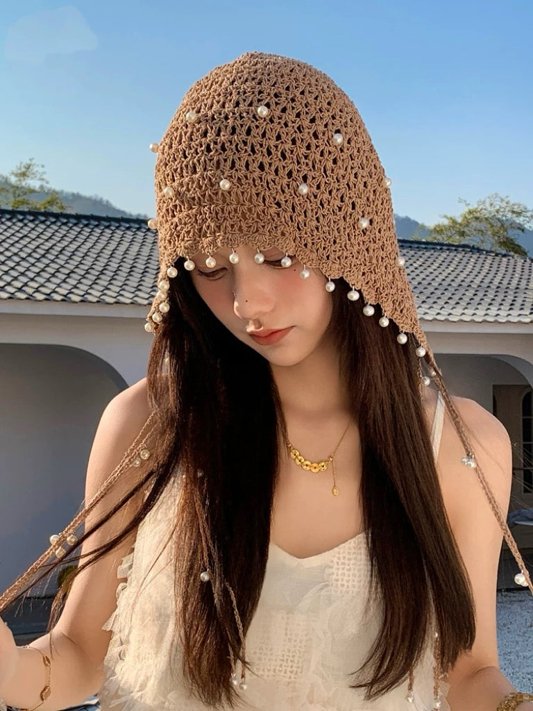 米亚的风 珍珠流苏手工钩花头饰帽子 Mia’s Breeze Handmade Crochet Floral Headpiece Hat with Pearl Tassels