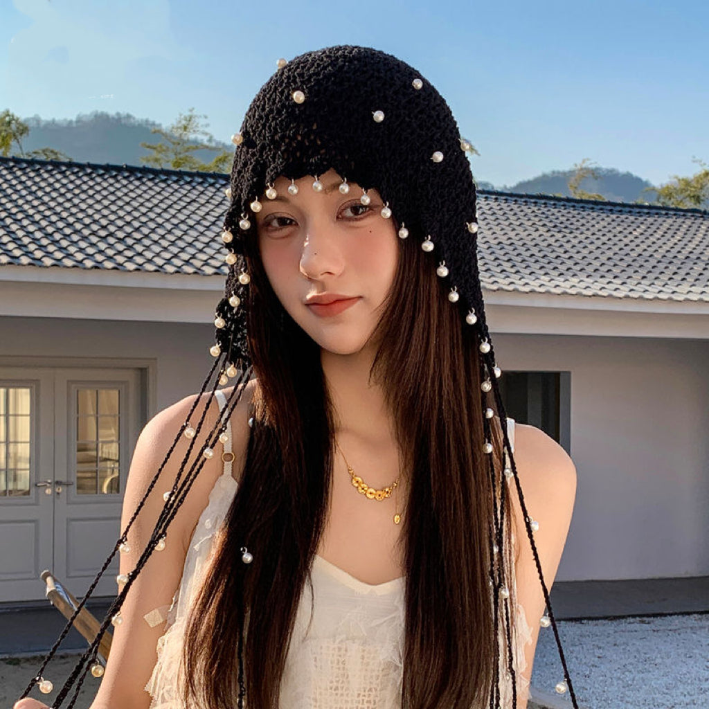 米亚的风 珍珠流苏手工钩花头饰帽子 Mia’s Breeze Handmade Crochet Floral Headpiece Hat with Pearl Tassels
